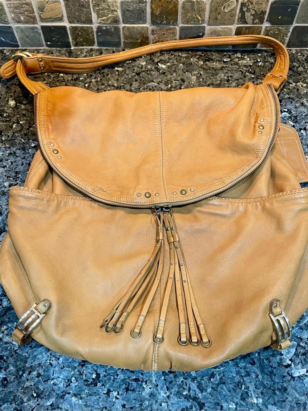 Hayden Harnett Shoulder Bag Tan Leather Hobo with Tassel & Hardware Detail - Picture 2 of 16